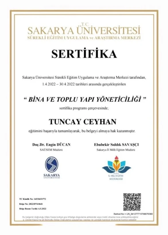 Tuncay Ceyhan bina ve toplu yapı yöneticiliği sertifikası